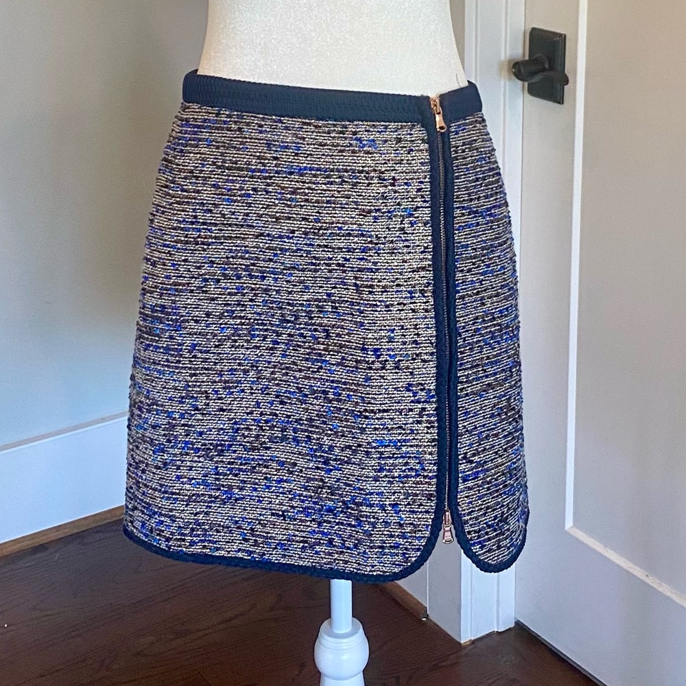 J.Crew lined blue print mini skirt with front side rose gold zipper-size 6.